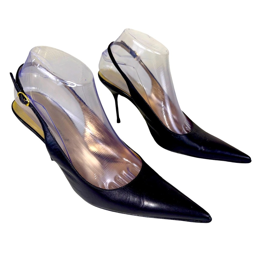 DOLCE & GABBANA BLACK LEATHER SLINGBACK HEELS - Picture 2 of 9